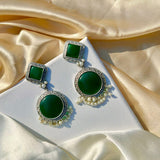 Green Silver Statement Earrings
