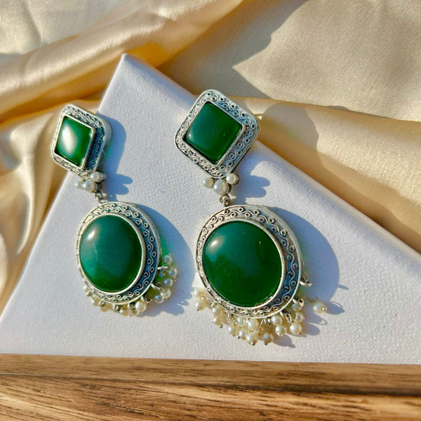 Green Silver Statement Earrings