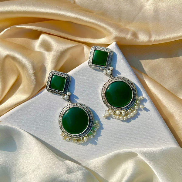 Green Silver Statement Earrings